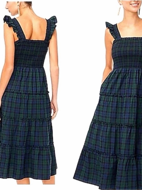 J crew Dresses & Skirts - J. Crew Factory Navy & Green Plaid Smocked Tiered Midi Dress